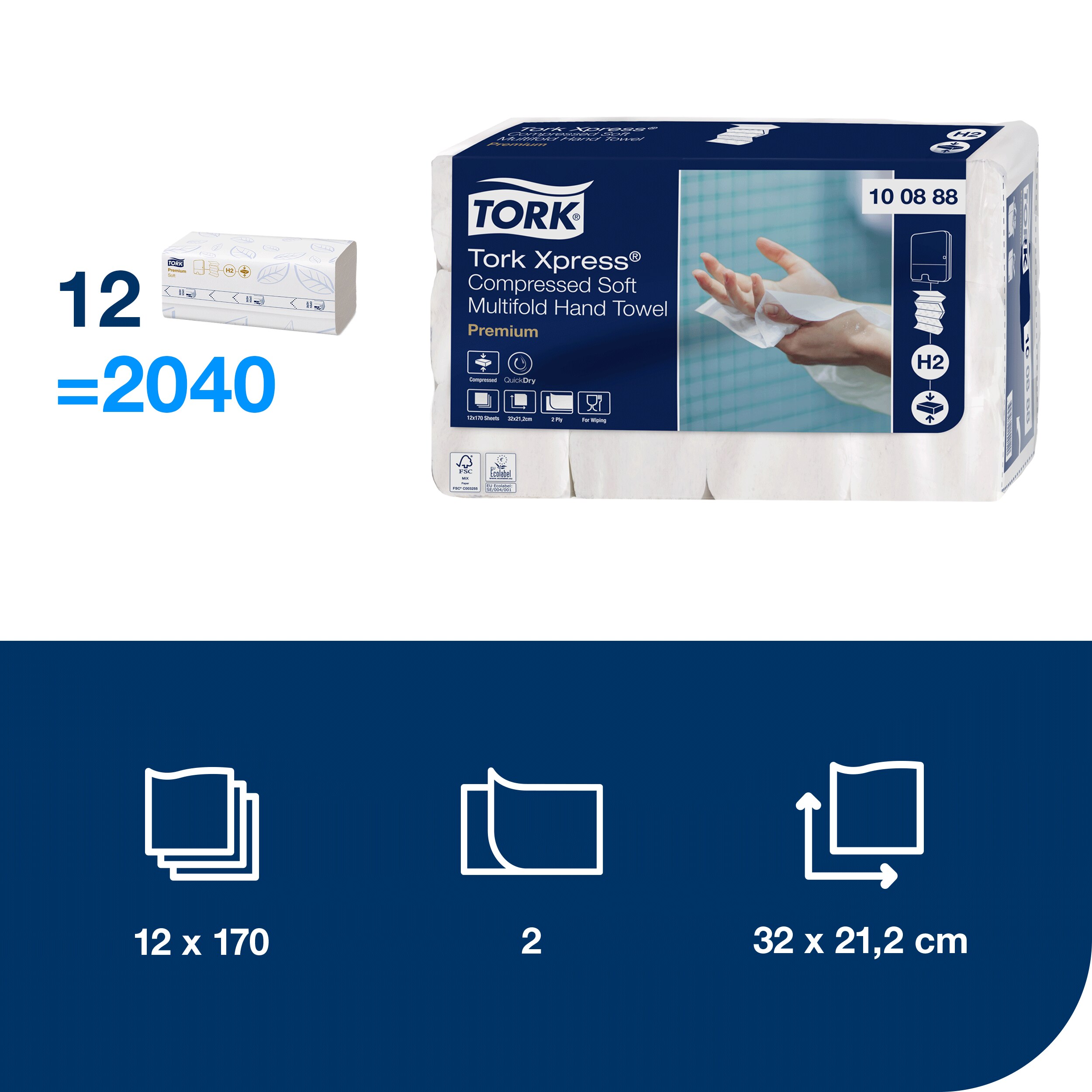 Papierové uteráky Tork Xpress Multifold Premium 2-vrstvové H2, 170 útržkov, 21,2 x 32 cm.