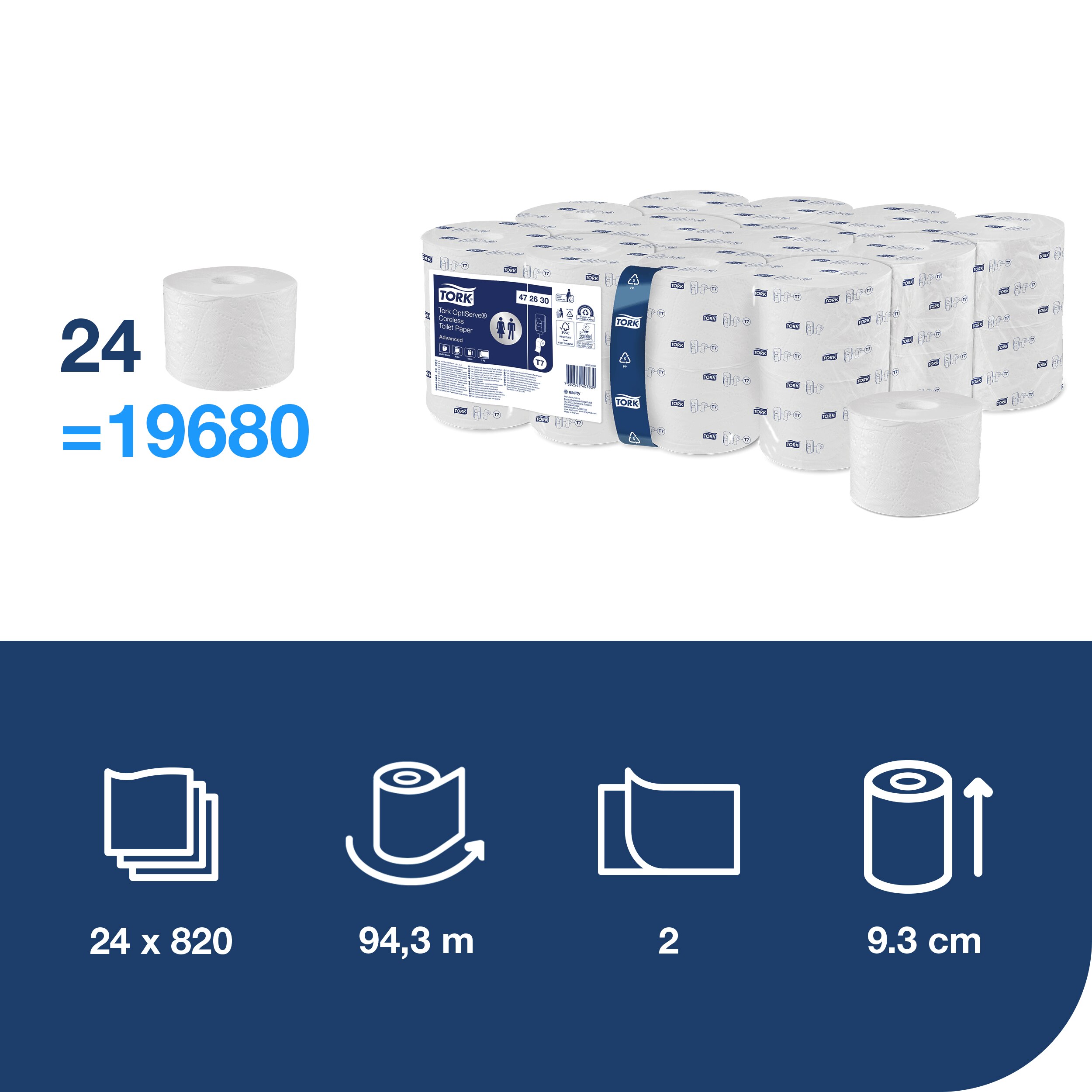 Toaletný papier OptiServe®, bezdutinkový, 2vrstvový., 820 út., biely, šírka 93 mm, návin 94,3 m