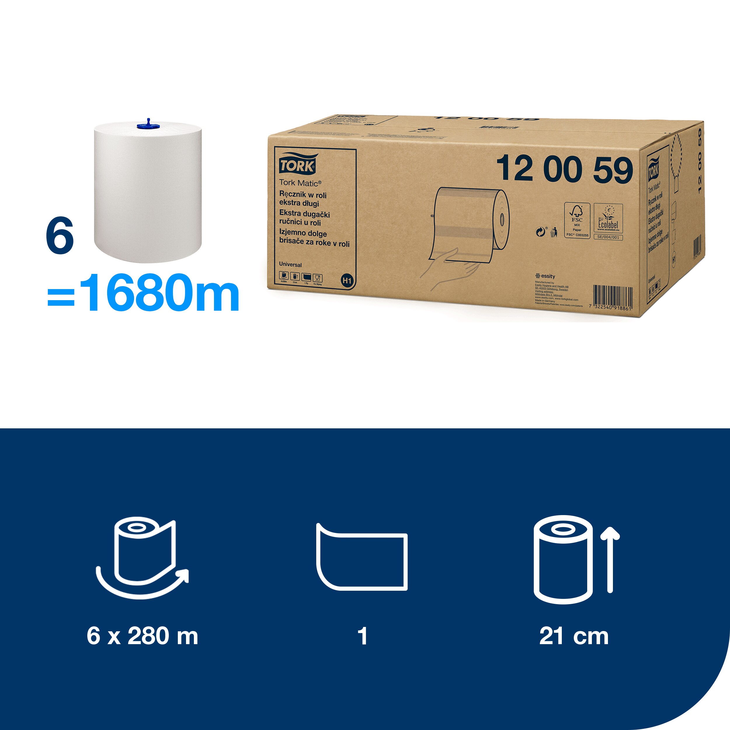 Papierové uteráky Tork Matic – extra dlhá rolka Universal, 1vr., H1, 21 cm / 280 m, 1120 útržkov, biele