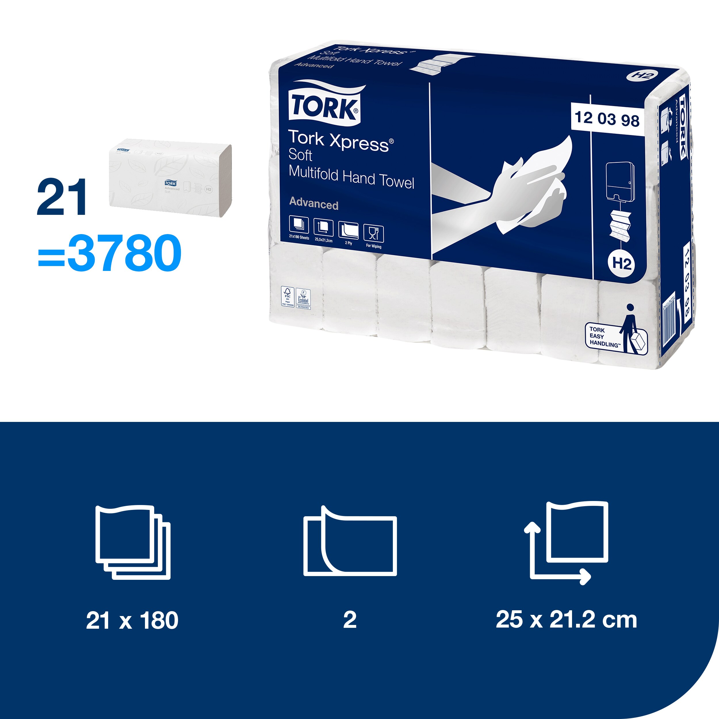 Papierové uteráky Tork Xpress Multifold Advanced 2-vr., H2, 180 útr., 21,2 x 25,5 cm