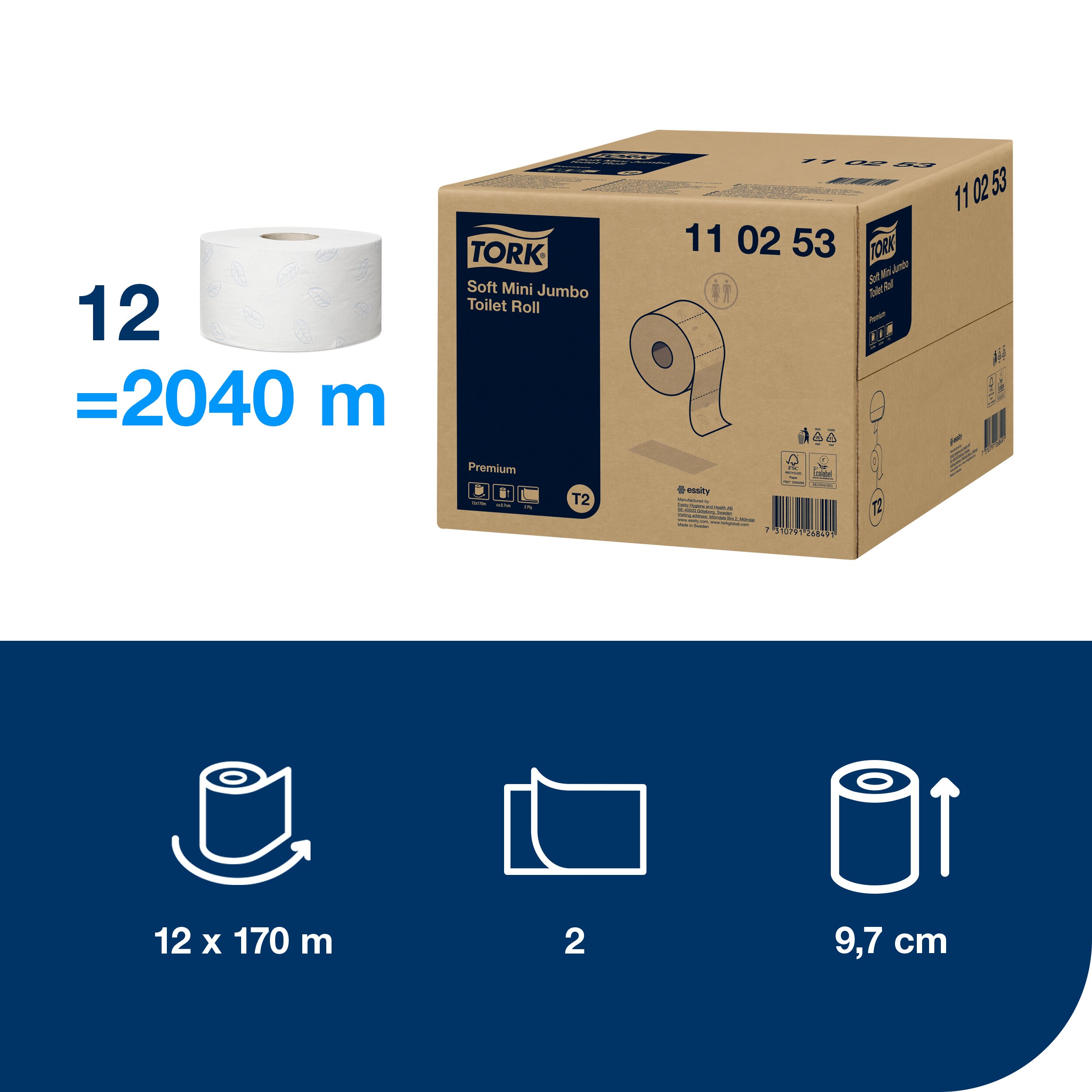 Toaletný papier JUMBO Premium MINI 2vrstvový, návin 170m, počet útržkov 850, farba biela,