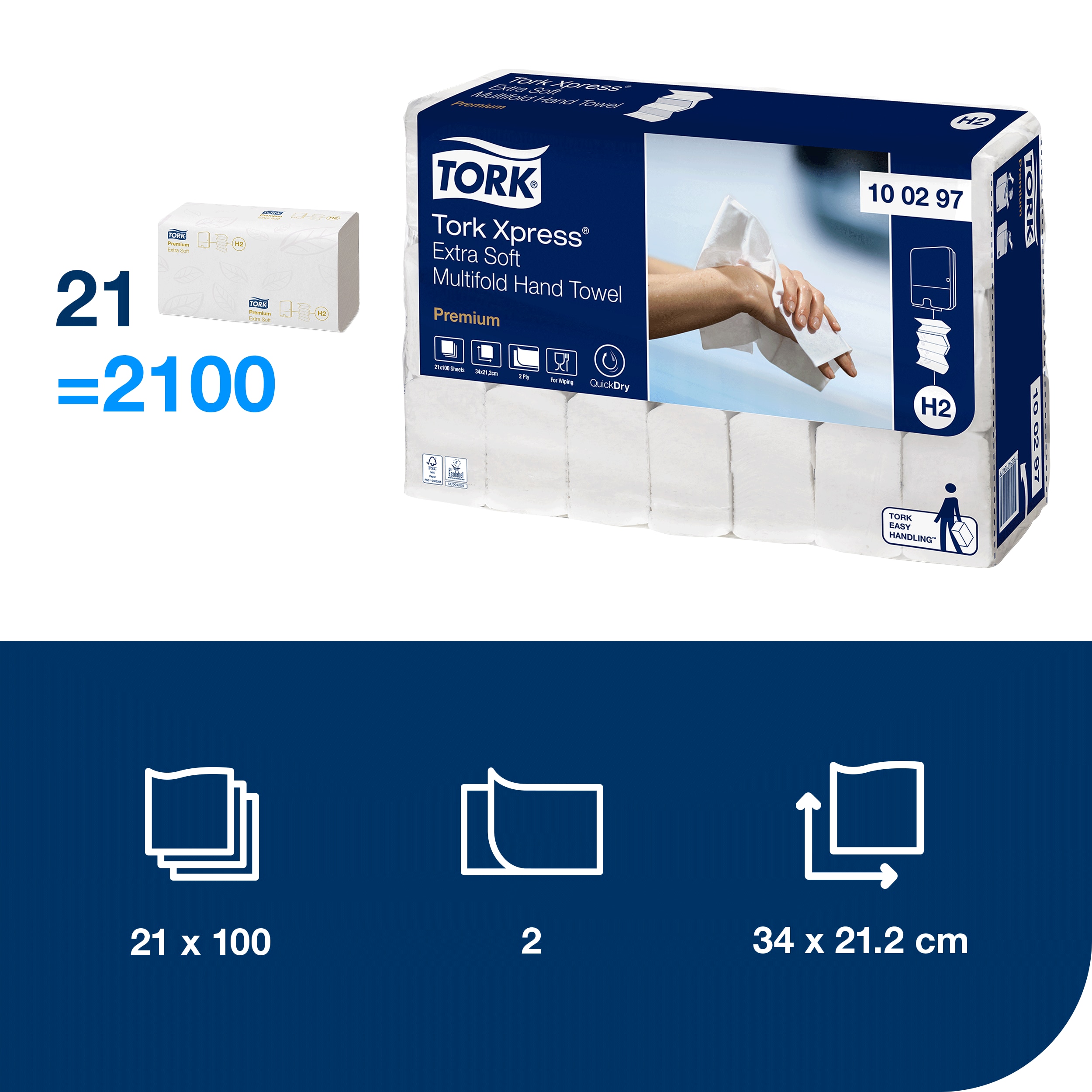 Papierové uteráky Tork Xpress extra jemné Multifold Premium 2-vr. H2, 100 útr., 21,2 x 34 cm