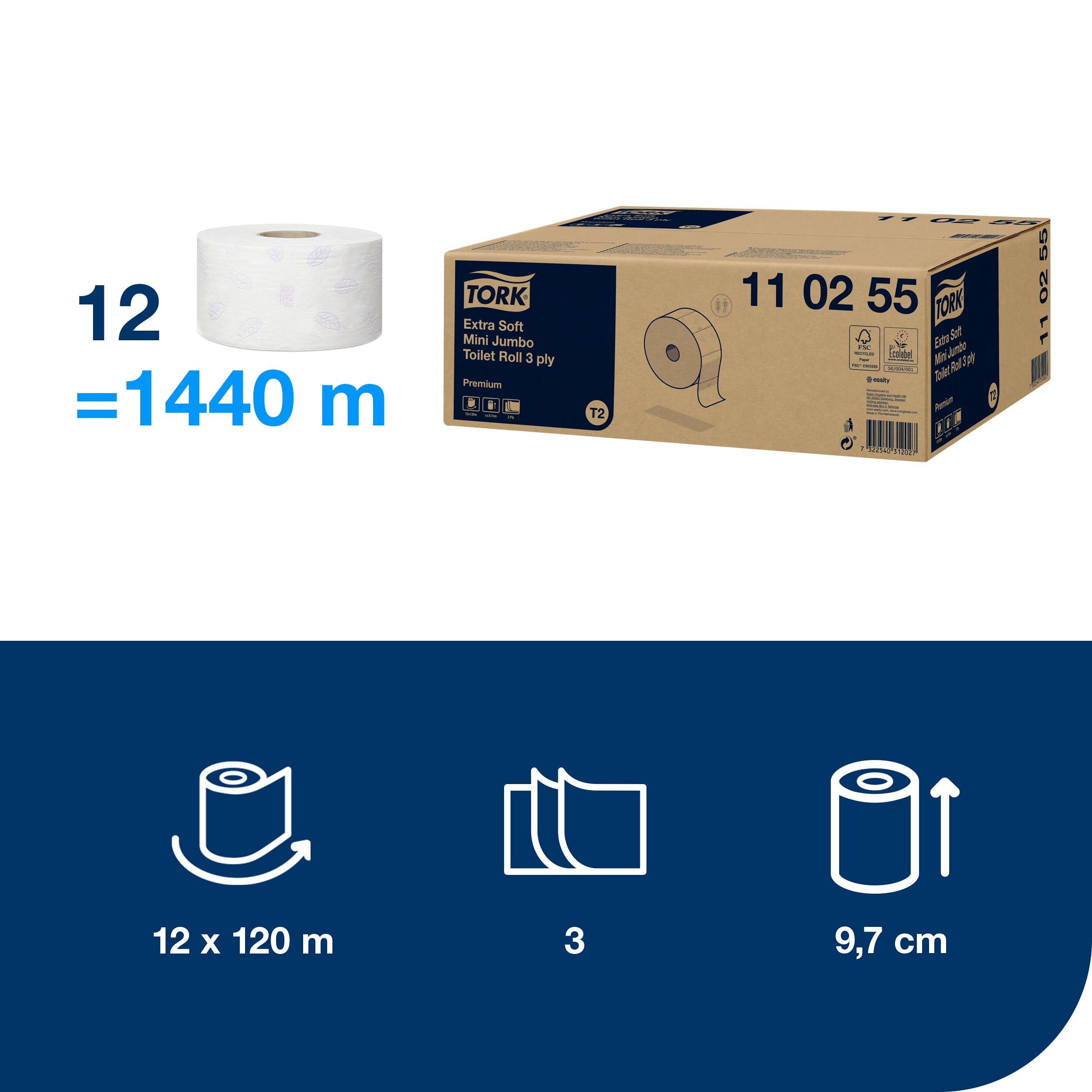 Toaletný papier JUMBO MINI Premium 3vrstvový, návin 120 m, biely
