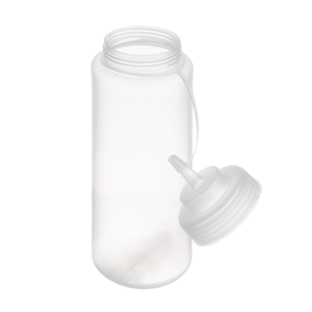 Fľaša dávkovacia polyetylén, transparentná, priemer. 8 cm, v. 26,5 cm, 1.025 ml