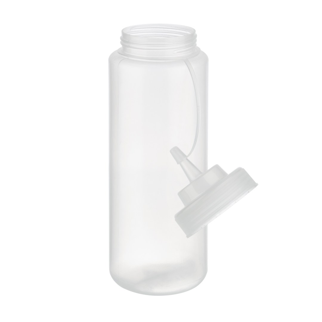 Fľaša dávkovacia polyetylén, transparentná, priemer. 8 cm, v. 26,5 cm, 1.025 ml